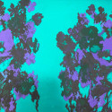 Jacquard fabric with purple abstract pattern on a turquoise background