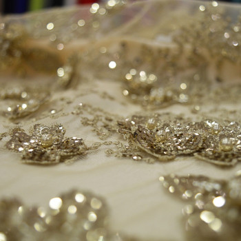 Gold beaded and embroidered tulle fabric