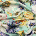 100% silk chiffon fabric with floral print on turquoise background