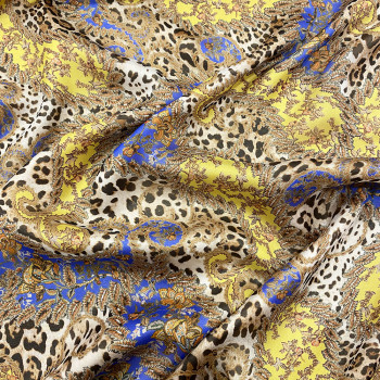 Tissu mousseline 100% soie imprimé paisley jaune/bleu royal sur fond léopard