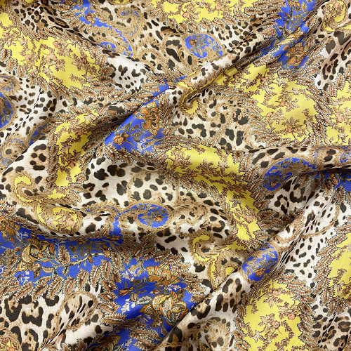 100% silk chiffon fabric with yellow/royal blue paisley print on leopard background