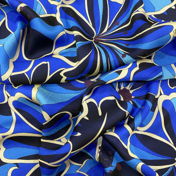 Tissu mousseline 100% soie imprimé larges fleurs bleues