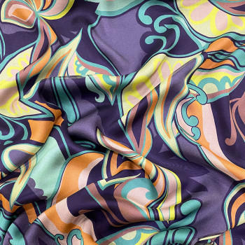 Tissu mousseline 100% soie imprimé fleurs abstraites turquoise/orange sur fond violet