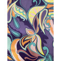 100% silk chiffon fabric printed with turquoise/orange abstract flowers on purple background