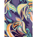 Tissu mousseline 100% soie imprimé fleurs abstraites turquoise/orange sur fond violet