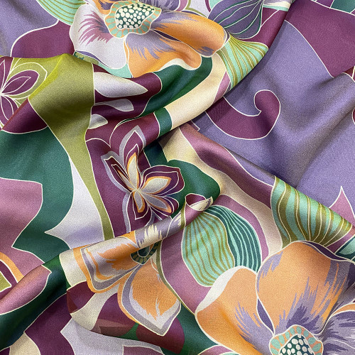 Orange, green and purple floral print 100% silk chiffon fabric