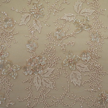 Tissu tulle brodé perlé nude