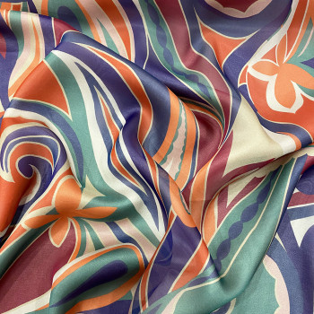 100% silk chiffon fabric with turquoise orange abstract paisley print