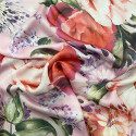100% silk chiffon fabric with floral print on a pink background