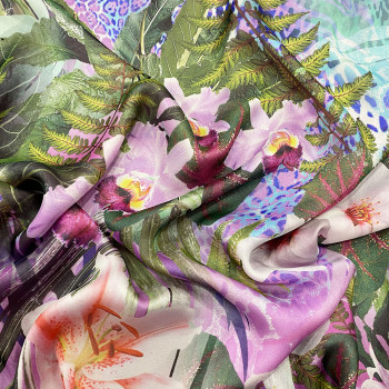 100% silk chiffon fabric with vegetation print and purple leopard gradient