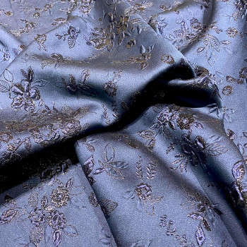 Tissu brocart de soie imprimé floral bleu marine (2,50 mètres)