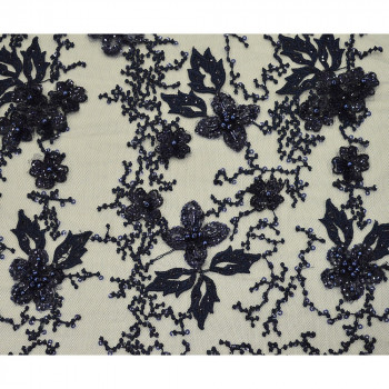 Tissu tulle brodé perlé bleu marine