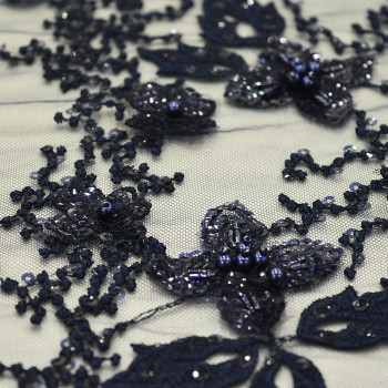 Navy blue beaded and embroidered tulle fabric