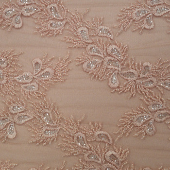Tissu tulle brodé perlé rose
