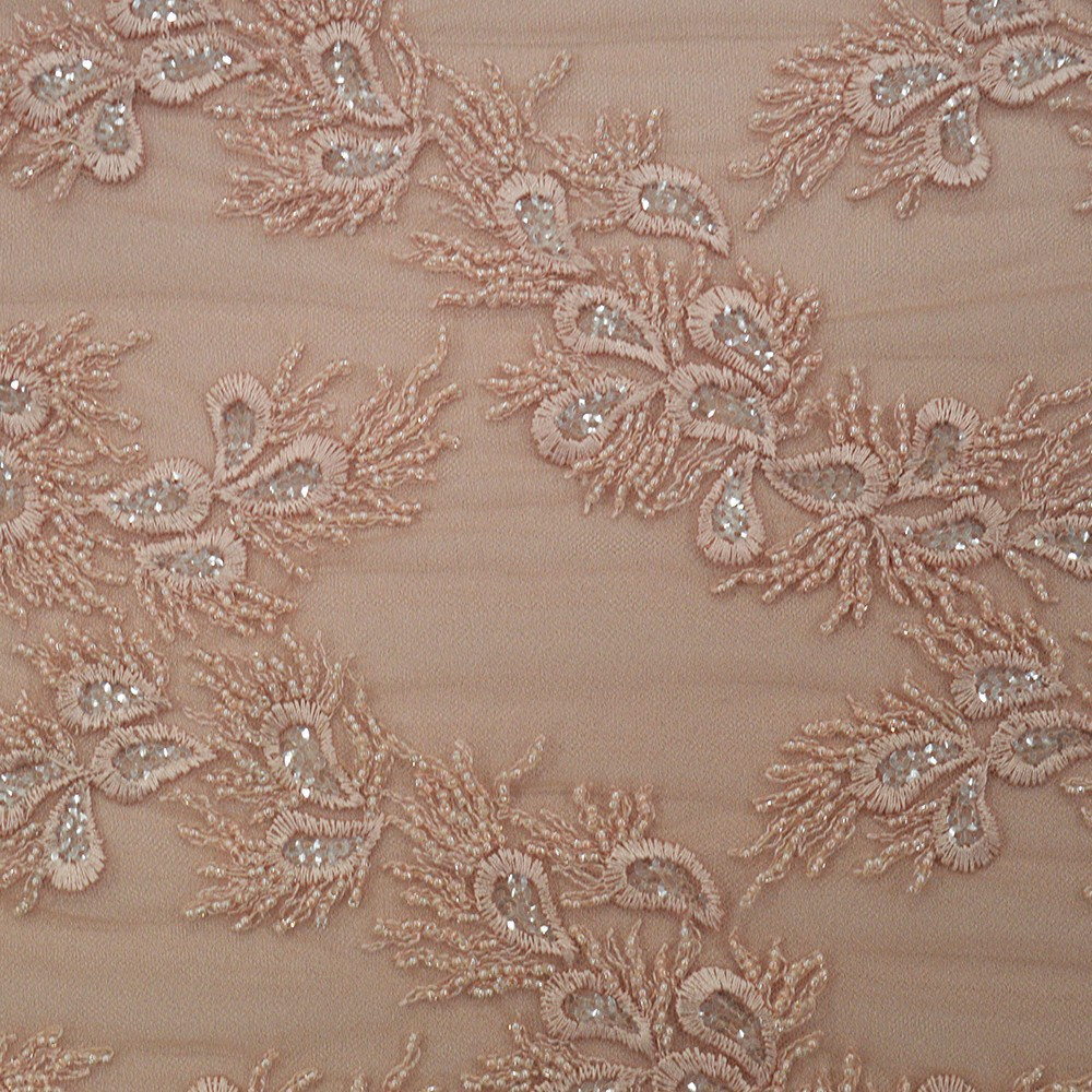 Pink beaded embroidered tulle fabric — Tissus en Ligne