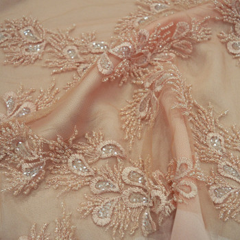 Pink beaded and embroidered tulle fabric