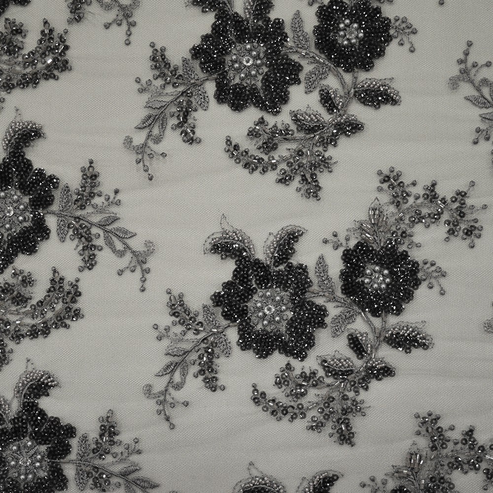 Silver charcoal grey beaded embroidered tulle fabric