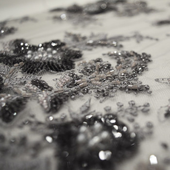 Silver charcoal grey beaded embroidered tulle fabric