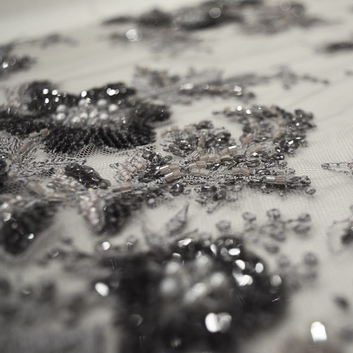 Silver/charcoal grey beaded and embroidered tulle fabric