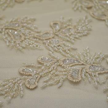 Champagne beaded and embroidered tulle fabric