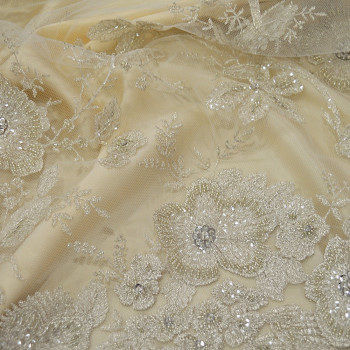 Silver beaded and embroidered tulle fabric