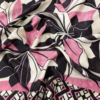 100% silk satin fabric with pink and black geometric floral print