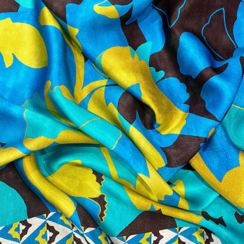 100% silk satin fabric with blue and yellow geometric floral print