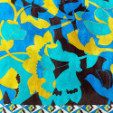 100% silk satin fabric with blue and yellow geometric floral print