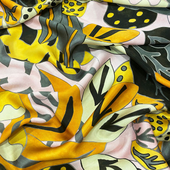 100% silk satin fabric with yellow and black floral painting print