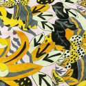 100% silk satin fabric with yellow and black floral painting print