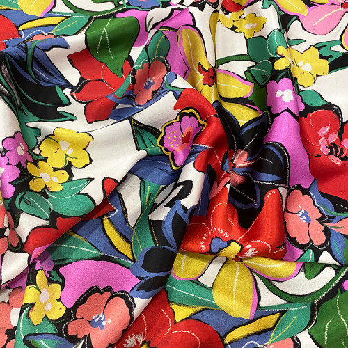 100% silk satin fabric with multicolored floral painting print