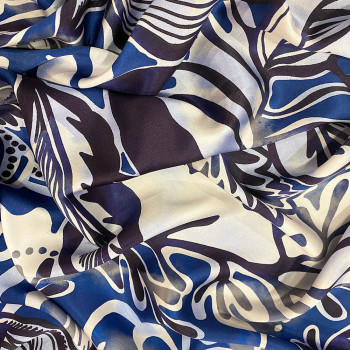 100% silk satin fabric with blue and black floral design print