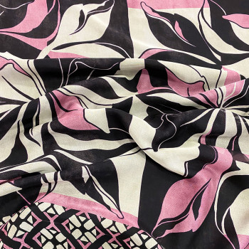 Tissu mousseline 100% soie imprimé floral géométrique rose et noir