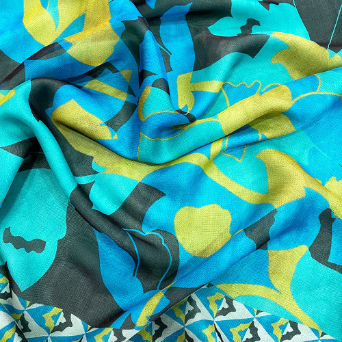 100% silk chiffon fabric with blue and yellow geometric floral print