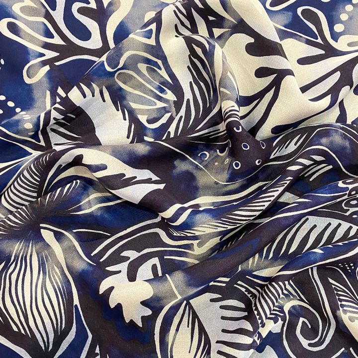 100% silk chiffon fabric with blue and black floral design print