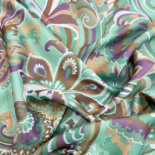 100% silk chiffon fabric with green, purple and brown floral paisley print