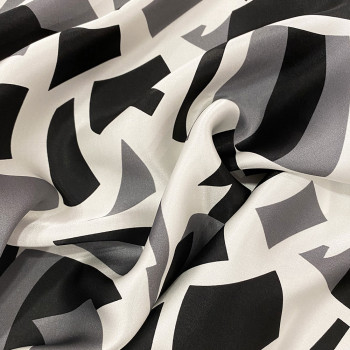 100% silk satin with gray geometric shapes print on white background