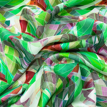 100% silk satin with green abstract geometric print