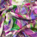 100% silk satin with purple abstract geometric print