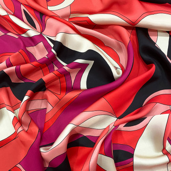 100% silk satin fabric with red geometric print
