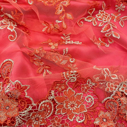 Coral embroidered tulle fabric