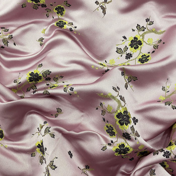 Satin jacquard fabric with pink floral pattern