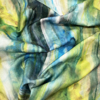 100% polyester piqué fabric with shades of green print