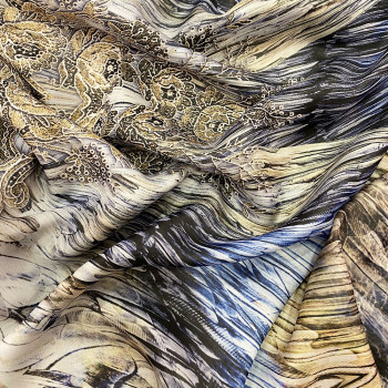 Tissu voile mousseline imprimé plumes dégradé bleu or