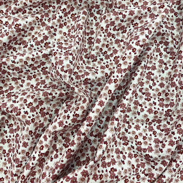 Tissu popeline 100% coton bio imprimé floral romulea rouge sur fond blanc