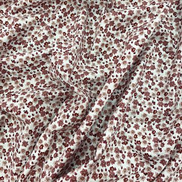 100% organic cotton poplin fabric red romulea floral print on white background