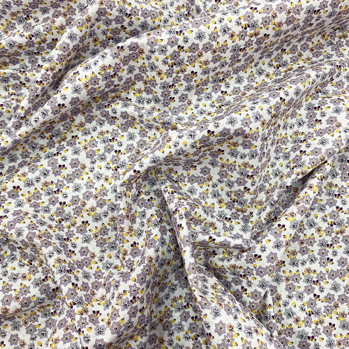 100% organic cotton poplin fabric purple romulea floral print on white background