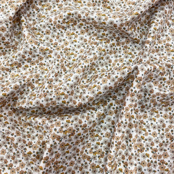 100% organic cotton poplin fabric orange romulea floral print on white background