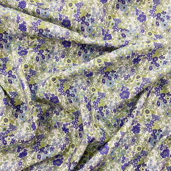 Tissu popeline 100% coton impression numérique fleurs violettes et vertes
