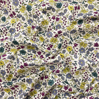 Tissu popeline 100% coton impression numérique fleurs jaunes et violettes